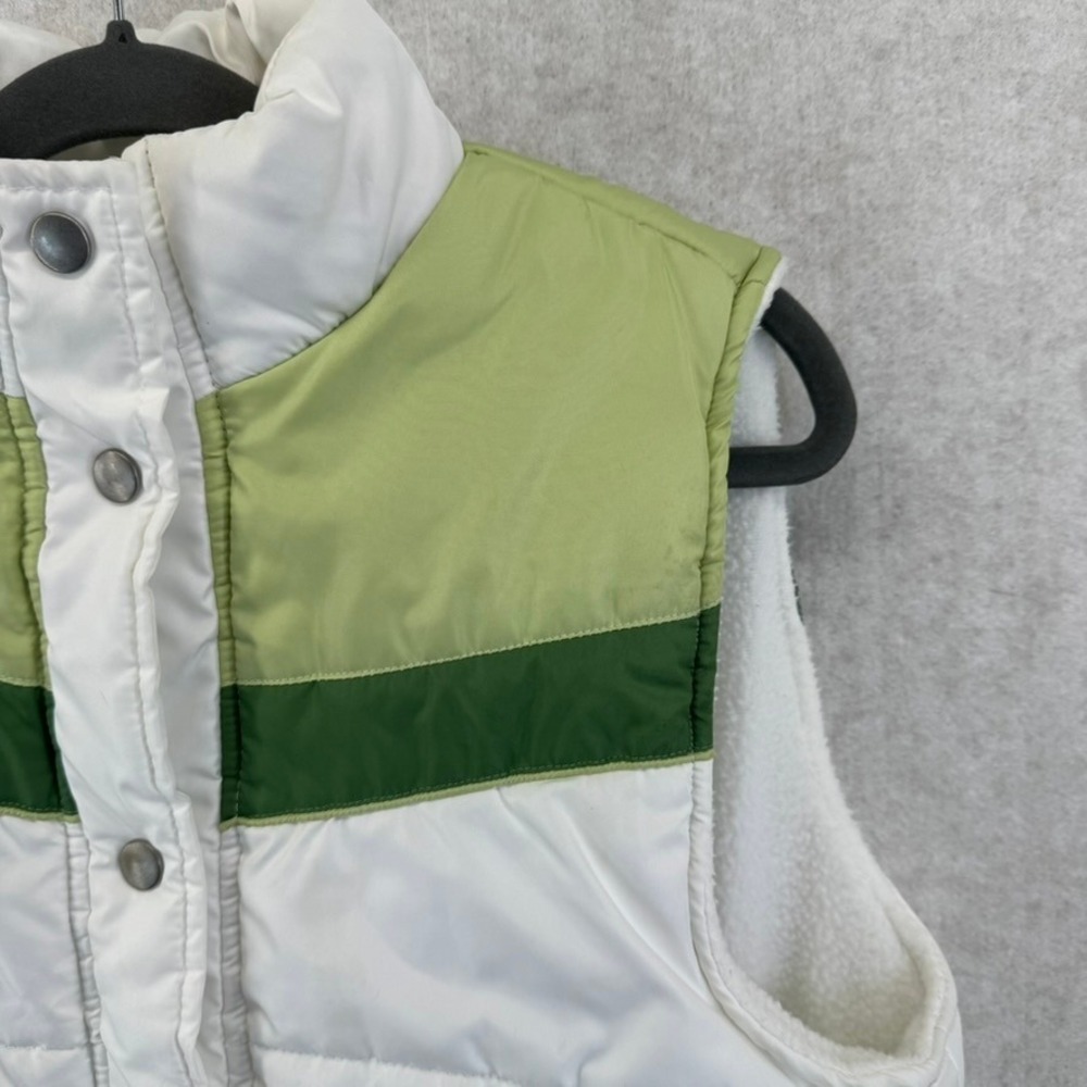 Womens Medium White Green Colorblock Retro Vtg Quilted Puffer Vest Fleece Lined - Picture 2 of 5